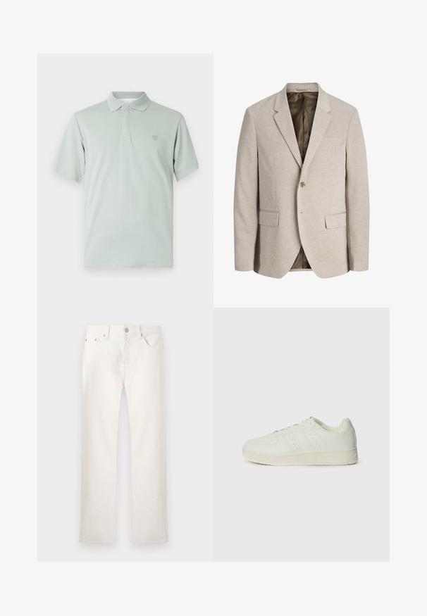 Blazer beige pour homme avec revers à crans, fermeture simple bouton, deux poches avant avec rabat, et doublure intérieure foncée.; Polo shirt vert clair avec un col texturé, des manches courtes et un emblème brodé sur la poitrine gauche. Fini en tissu doux.; Jean blanc à jambes droites avec cinq poches, fermeture par bouton et passants pour ceinture, présenté sur un fond clair uni.; Baskets blanches avec une texture en cuir lisse, design à lacets, détails perforés et trois rayures diagonales sur le côté. Semelle en caoutchouc.