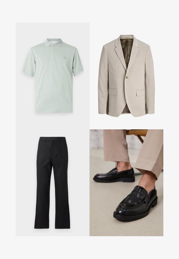 Blazer beige para hombre con solapas con muesca, cierre de un solo botón, dos bolsillos delanteros con solapa y forro interior oscuro.; Camiseta polo verde claro con cuello texturizado, mangas cortas y emblema bordado en el lado izquierdo del pecho. Acabado de tela suave.; Pantalones negros de pierna recta con trabillas, cierre de botones y bolsillos delanteros, mostrados sobre un fondo gris liso.; Mocasines de cuero negro con un acabado suave, que cuentan con una correa decorativa y costuras en contraste, combinados con pantalones beiges.