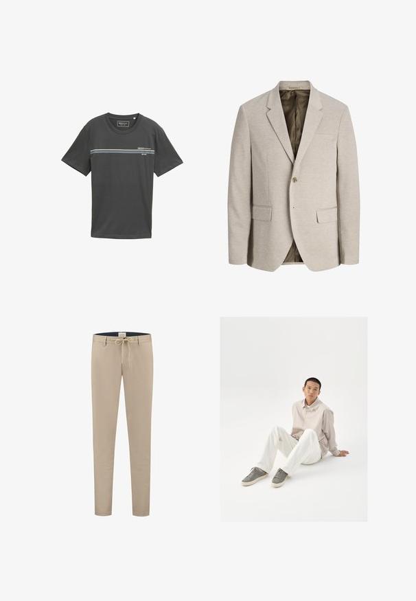 Beige herenjasje met ingesneden revers, enkele knoopsluiting, twee voorzakken met klep en een donkere voering.; Grijze katoenen T-shirt met korte mouwen, ronde hals, featuring horizontale strepen in blauw, wit en groen over de borst, met opdruk van het logo.; Beige katoenen broek in een blend met een trekkoord in de taille, taps toelopend ontwerp, zijzakken en een gladde textuur.; Beige overhemd met knopen, witte broek en grijze sneakers. Het overhemd heeft een losse pasvorm, en de sneakers hebben een textuurovervlak en vetersluiting.