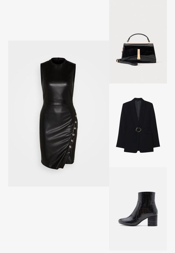 Zwarte op maat gemaakte blazer met een sjawl kraag, een ceintuur in de taille met een goudkleurige metalen gesp en twee voorzakken. Gladde stofstructuur.; Zwarte leren mouwloze jurk met een hoge halslijn, aansluitende silhouet, asymmetrische zoom en decoratieve knopen langs de zijnnaad.; Zwarte enkellaars gemaakt van glanzend krokodillenprintleer. Voorzien van een ronde neus en een dikke blokhak. Gladde textuur en slank ontwerp.; Glanzende zwarte handtas met bovenhandvat, gouden gesp en afneembare schouderriem op een effen lichte achtergrond.