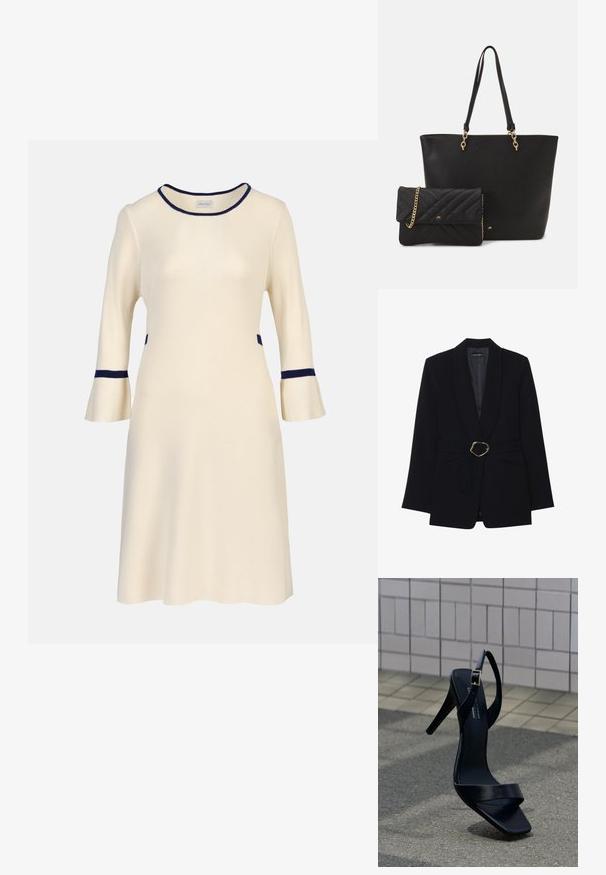 Sort skræddersyet blazer med sjalskrave, belte i taljen med en guldfarvet metalspænde og to forlommer. Glat stofstruktur.; Krem midi-kjole med trekvartlange klokkeærmer, navy kant på halsudskæring, manchetter og talje, ribstrikket stof.; Sort højhælet sandal med ankestrop og firkantet tå placeret på fortovet mod en baggrund af flisebelagt væg.; Sort faux læder tote taske med to solide håndtag og guld hardware, kombineret med en lille quilted sort clutch med kædestrop.