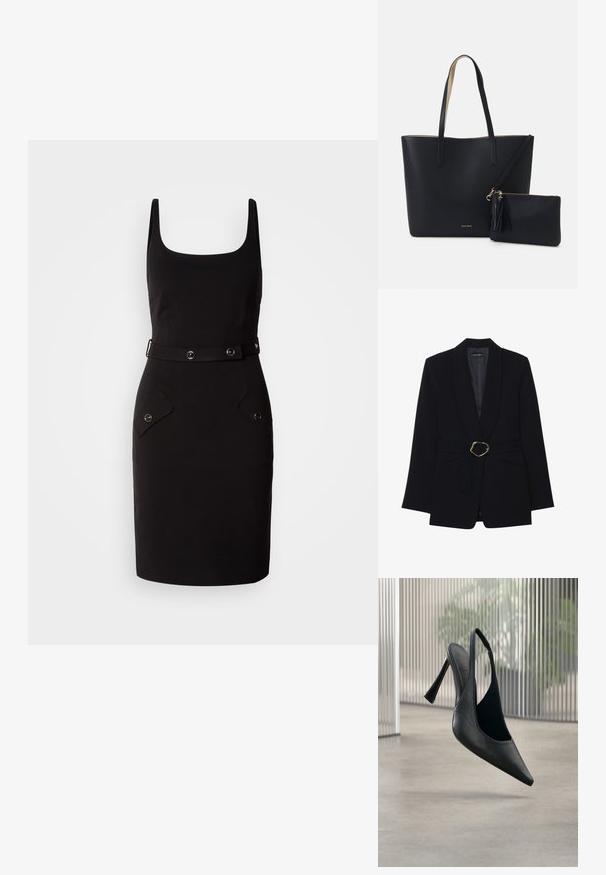 Must mustriga jakke šaalakaelusega, vöökohaga, millel on kuldse metallist pandla detail ja kaks esist pocketit. Sile kangas.; Must küllusjuhtmega kleit ruudukujulise kaelakaarega, reguleeritav vöö ümmarguste detailidega ja kaks esipocketit ümarate klapidega.; Mustast nahast slingback stiilsõelaga kontsaking, millel on terav nina, hõljumas sileda betoonpõranda ja vertikaalse metallpaneeli taustal.; Must musta kotikott tekstureeritud materjaliga, kahe pika käepideme ja eemaldatava lukkpöksiga, millel on tegemist pomponiga. Näha on kuldne kaubamärgi logo.