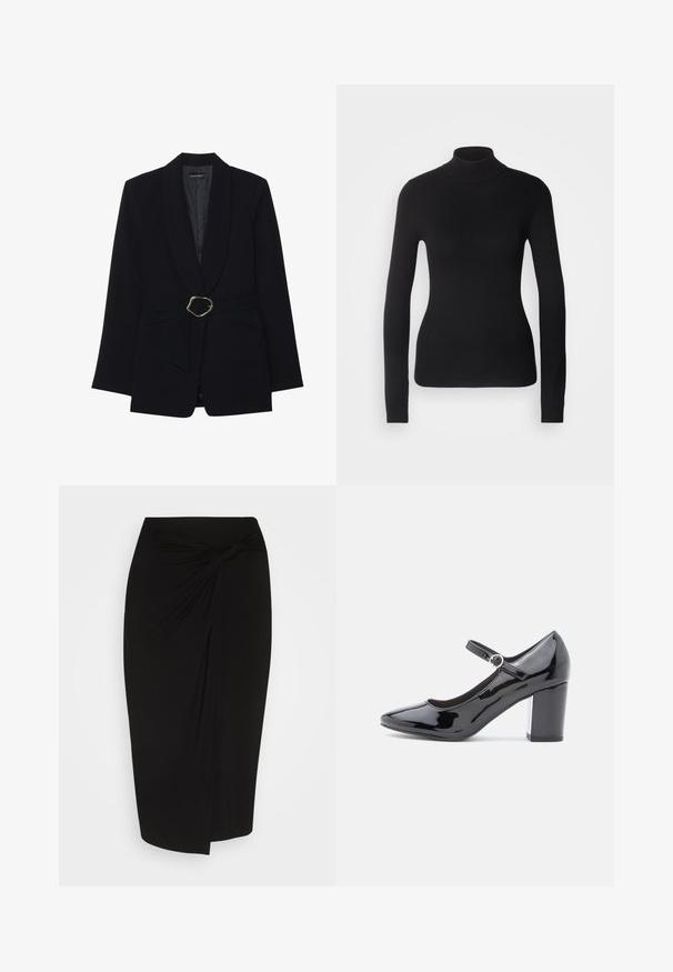Zwarte op maat gemaakte blazer met een sjawl kraag, een ceintuur in de taille met een goudkleurige metalen gesp en twee voorzakken. Gladde stofstructuur.; Zwarte coltrui gemaakt van lichte brei stof. Heeft lange mouwen, een aansluitend design en een zachte ribbeltextuur.; Zwarte knie-lange rok van een zachte, rekbare stof, met een gedraaide knoopdetail op de taille en een slank, aansluitend silhouet.; Zwarte gepatineerde leren hoge hak met een ronde neus, enkelbandje en een blokhak. Glanzende afwerking met een gladde textuur.