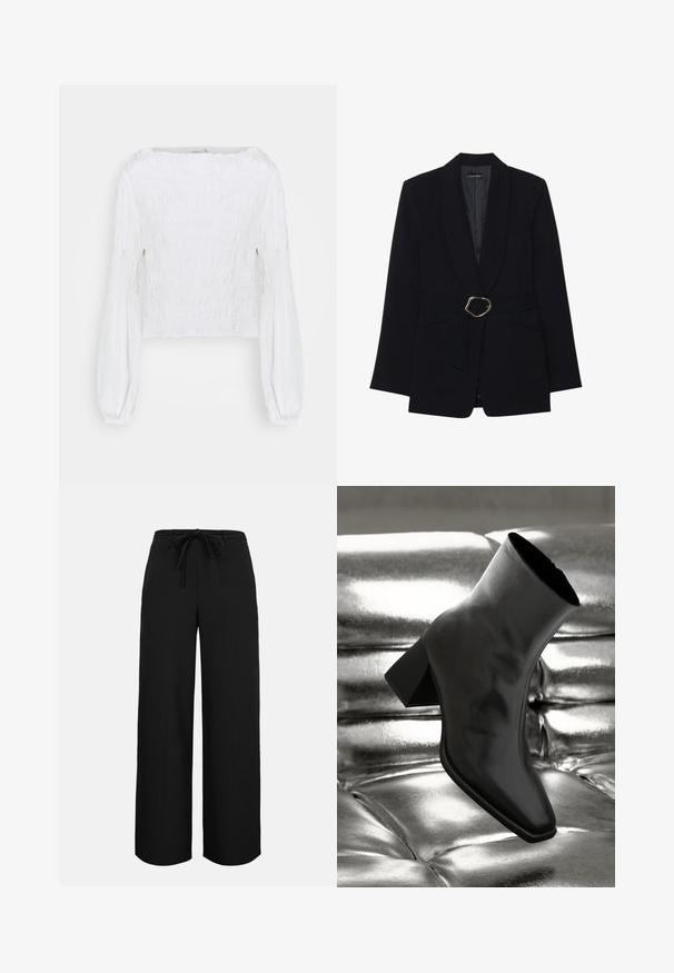 Veste noire ajustée avec un col châle, taille ceinturée dotée d'une boucle en métal doré et deux poches avant. Texture de tissu lisse.; Blouse blanche à manches longues avec corsage smocké et manches bouffantes rassemblées aux poignets, présentée sur un fond uni.; Pantalon noir à jambes larges avec une taille haute et une ceinture à cordon nouée, présenté sur un fond clair uni.; Botte noire à la cheville en matériau brillant avec un bout carré et un talon effilé, sur un fond argenté brillant et capitonné.