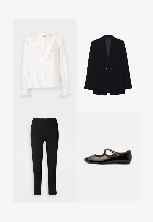 Blazer negro entallado con cuello de chal, cintura con cinturón que presenta una hebilla de metal en tono dorado y dos bolsillos frontales. Textura de tela suave.; Blusa blanca hecha de tela ligera, con frente y puños con volantes, cierre de botones y mangas largas.; Pantalones negros ajustados de corte slim, con frente plano y sin bolsillos visibles, que presentan una textura suave y un acabado limpio en el dobladillo.; Zapato plano Mary Jane de charol negro con dos recortes y una correa con hebilla dorada sobre fondo blanco.