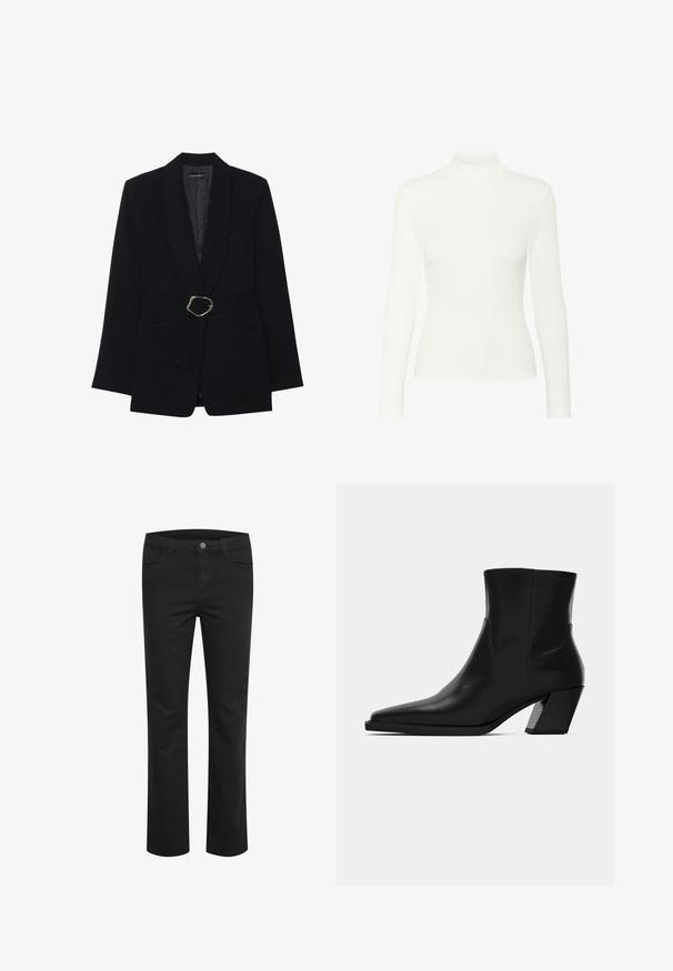 Zwarte op maat gemaakte blazer met een sjawl kraag, een ceintuur in de taille met een goudkleurige metalen gesp en twee voorzakken. Gladde stofstructuur.; Witte lange mouwen turtleneck top gemaakt van ribstof, met een aansluitend ontwerp en een gladde textuur, hoge hals en zonder zichtbare accenten.; Zwarte denim broek met een rechte pasvorm, voorzien van twee voorkruiszakken en een enkele metalen knop aan de tailleband. Gladde textuur.; Zwarte leren enkelboot met een spitse neus, een slanke silhoeet en een chunky vierkante hak. Gladde textuur met minimale stikdetails.