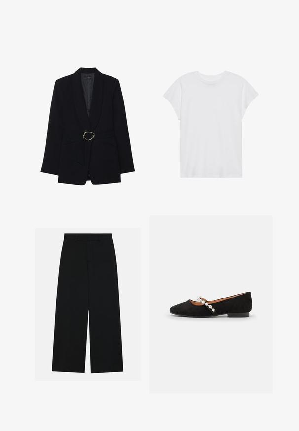 Sort skræddersyet blazer med sjalskrave, belte i taljen med en guldfarvet metalspænde og to forlommer. Glat stofstruktur.; Hvid kortærmet t-shirt med rund hals, afslappet pasform, lavet af blødt bomuldsstof. Glat tekstur, ingen mønstre eller logoer.; Breddebenede sorte bukser lavet af et glat stof. Har en flad talje med bæltestropper og ingen synlige lommer. Simpelt design.; Sorte ruskind balletflade med spids tå, der har en dekorativ rem prydet med hvide perler og en lav hæl.