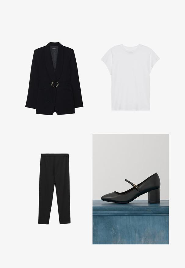 Zwarte op maat gemaakte blazer met een sjawl kraag, een ceintuur in de taille met een goudkleurige metalen gesp en twee voorzakken. Gladde stofstructuur.; Witte t-shirt met korte mouwen, ronde hals, relaxte pasvorm, gemaakt van zacht katoen. Glad textuur, geen patronen of logo's.; Zwarte, elastische sportbroek met een gladde textuur, elastische tailleband en rechte snit, geschikt voor sportkleding of casual gebruik.; Zwarte Mary Jane-schoen met blokhak en gouden gesp, zwevend boven een gladde betonnen vloer in een minimalistische binnenomgeving.