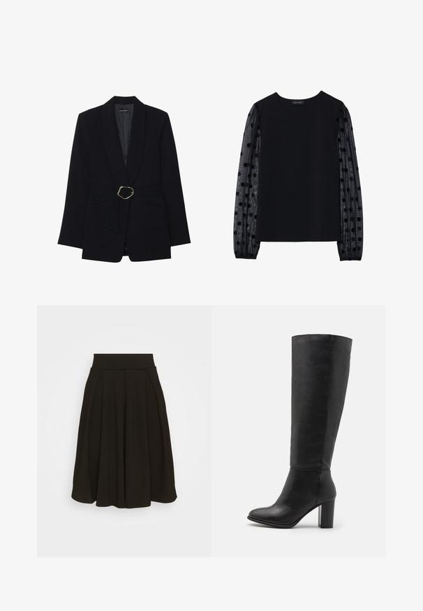 Schwarzer taillierter Blazer mit Schalkragen, taillierter Taille mit einer goldfarbenen Metallschnalle und zwei vorderen Taschen. Glatte Stoffstruktur.; Schwarzes Top mit solidem Oberteil und transparenten, gepunkteten Ärmeln. Verfügt über einen runden Ausschnitt und Raffung an den Ärmeln.; Schwarz gefaltetem Rock mit einem breiten, elastischen Bund. Hergestellt aus einem weichen Stoff, mit einem knielangen Saum und glatter Textur.; Schwarze kniehohe Stiefel aus glattem Leder, mit einem stabilen Absatz und runder Zehenpartie. Minimalistisches Design ohne sichtbare Hardware oder Dekorationen.