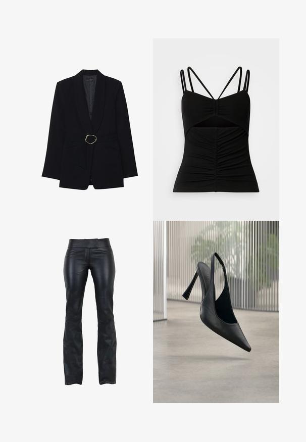 Sort skræddersyet blazer med sjalskrave, belte i taljen med en guldfarvet metalspænde og to forlommer. Glat stofstruktur.; Sort ærmeløs top med justerbare tynde stropper, der har et rynket design foran og en udskæring i midten.; Sorte læderbukser med slim fit, flad talje og udskæring i bunden. Glat tekstur og minimalistisk design uden synligt hardware.; Sort læder slingback stilet hælsko med spids tå, svævende over en glat beton gulv og vertikal metal panel baggrund.