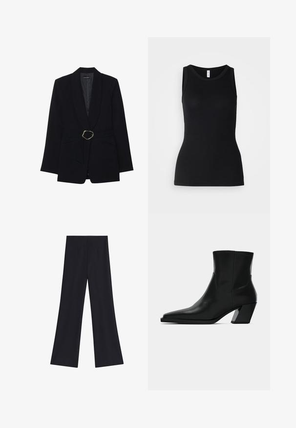 Sort skræddersyet blazer med sjalskrave, belte i taljen med en guldfarvet metalspænde og to forlommer. Glat stofstruktur.; Sort ærmeløs tanktop lavet af ribbet stof, med rund halsudskæring og tætsiddende design, med en glat overflade og uden mønstre.; Sorte vidde bukser med høj talje og forreste folder, vist på en ensfarvet hvid baggrund.; Sortlæder ankelstøvle med spids tå, en slank silhuet og en kraftig firkantet hæl. Glat tekstur med minimale stikninger.