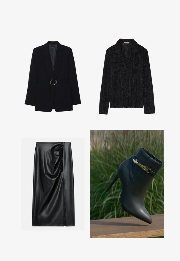 Zwarte op maat gemaakte blazer met een sjawl kraag, een ceintuur in de taille met een goudkleurige metalen gesp en twee voorzakken. Gladde stofstructuur.; Zwarte langarm jas met een gestructureerd, sprankelend oppervlak. Beschikt over een kraag en een knoopsluiting aan de voorkant.; Zwarte leren rok met een soepele textuur, voorzien van een geplooid gedeelte aan één kant en een zijspleet voor extra detail.; Zwarte high-heeled enkelboot met spitse neus en gouden gespdetails, weergegeven op een houten oppervlak met een achtergrond van groene bladeren.