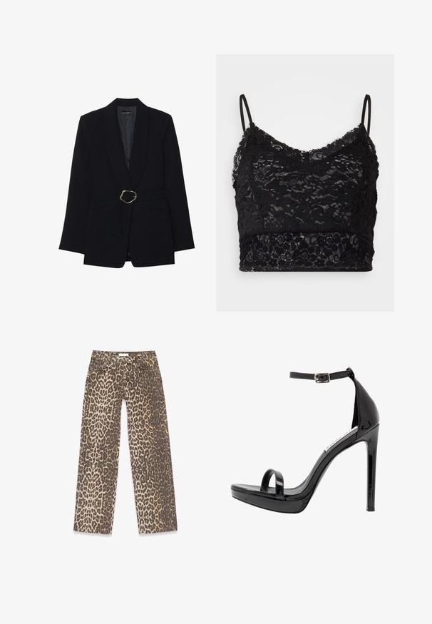 Sort skræddersyet blazer med sjalskrave, belte i taljen med en guldfarvet metalspænde og to forlommer. Glat stofstruktur.; Sort blonderet bralette med justerbare spaghetti-stropper, et blomsterlæs-mønster og en solid sort kant i bunden.; Leopardskindede denimjeans med en neutral beige og brun farvepalet, lige ben-design og traditionelle lomme-detaljer.; Steve Madden MILANO - Højhælede sandaletter / Højhælede sandaler - black