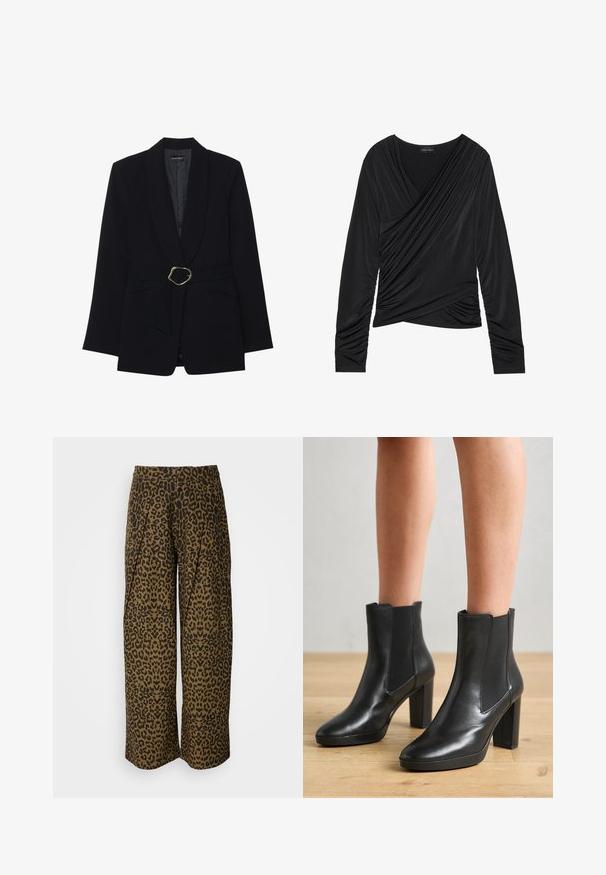 Sort skræddersyet blazer med sjalskrave, belte i taljen med en guldfarvet metalspænde og to forlommer. Glat stofstruktur.; Sort langærmet bluse med indpakningsdesign, der har draperet stof, samlet side detaljer og en glat tekstur. Etiket synlig i halsudskæringen.; Bredde bukser i et brun- og sort leopardprint. Har en høj talje og plisseret design. Blødt stof med en glat tekstur.; Sorte læderankelstøvler med blokhæle, udstyret med elastiske sidelapper, glat overflade og en slank silhuet.