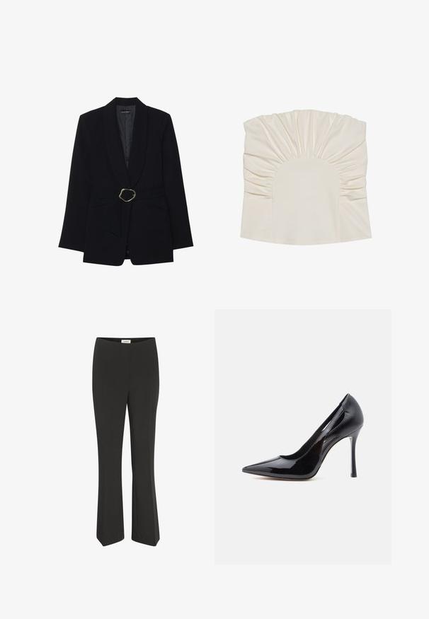 Sort skræddersyet blazer med sjalskrave, belte i taljen med en guldfarvet metalspænde og to forlommer. Glat stofstruktur.; Cremefarvet top med samlet stof, der har en rund halsudskæring og en glat tekstur. Designet inkluderer plisseringer langs kanterne.; Sorte bukser med lige ben, en talje med mellemhøjde og uden synlige lommer eller pynt.; Sort højt hælet pumpe med spids snude, skinnende laklæderfinish og udskæringsdesign på siderne, med en slank stiletthæl.