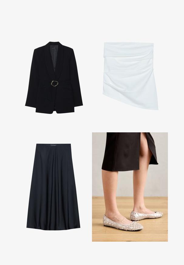 Sort skræddersyet blazer med sjalskrave, belte i taljen med en guldfarvet metalspænde og to forlommer. Glat stofstruktur.; Hvidt stof mini nederdel med draperet design, som har en blød tekstur og asymmetrisk form, foldet ved taljen for ekstra stil.; Sort, knælang nederdel lavet af letvægtsstof med et svævende design. Har en glat tekstur og subtile plisseringer for en ekstra detalje.; Beige stæl ballet flats med en rund tå, der har en bueaccent, parret med en sort nederdel, vist på et trægulv.