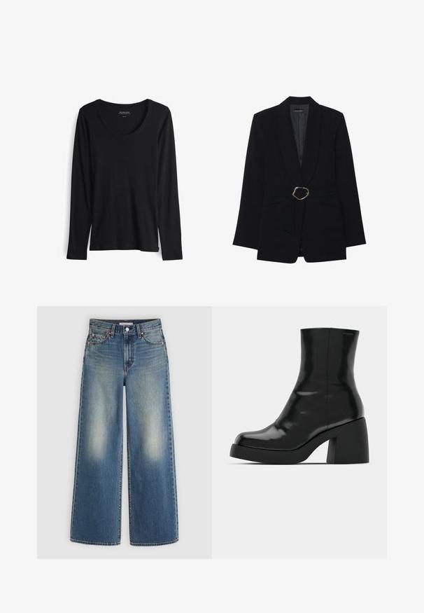 Zwarte op maat gemaakte blazer met een sjawl kraag, een ceintuur in de taille met een goudkleurige metalen gesp en twee voorzakken. Gladde stofstructuur.; Zwarte longsleeve t-shirt van zacht, soepel stof. Heeft een ronde halslijn en aansluitende mouwen met een rechte zoom. Minimalistisch ontwerp.; Blauwe wijde spijkerbroek met vervaagde plekken op de dijen, knoopsluiting, riemlussen en voorzakken tegen een effen lichte achtergrond.; Zwarte enkellaarzen met een glanzende afwerking, vierkante neus en een dikke blokhak. Het ontwerp heeft een naadloze silhouet en minimale branding.