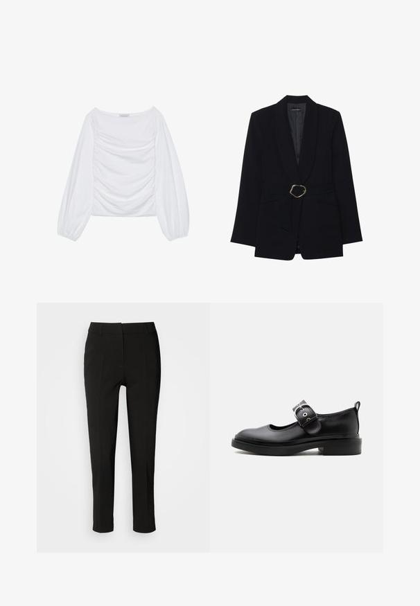 Blazer negro entallado con cuello de chal, cintura con cinturón que presenta una hebilla de metal en tono dorado y dos bolsillos frontales. Textura de tela suave.; Top de manga larga blanca con un escote amplio y detalles fruncidos en el frente. Confeccionado en una tela suave y con mangas voluminosas.; Pantalones negros ajustados de corte slim, con frente plano y sin bolsillos visibles, que presentan una textura suave y un acabado limpio en el dobladillo.; Zapato Mary Jane de cuero negro con suela gruesa, punta redondeada, correa con hebilla plateada y tirador en la parte trasera.