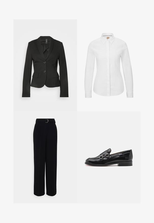 Blazer negro ajustado con solapa, dos bolsillos frontales y cierre de un solo botón. Tejido suave con una silueta entallada.; Camisa blanca de manga larga abotonada en tejido de algodón puro con cuello clásico, placket frontal y corte entallado. Textura suave, sin estampados.; Pantalones negros ajustados con una silueta de pierna ancha, que incluyen un cinturón con hebilla de plata, pliegues y una textura de tela suave.; Mocasín de charol negro con acentos de doble hebilla plateada, punta ligeramente redondeada y tacón bajo apilado. Detalle de costura texturizada a lo largo de la parte superior.