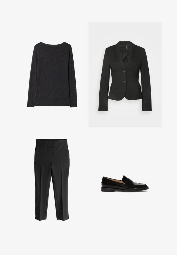 Zwarte op maat gemaakte blazer met een reverskraag, twee voorzakken en een enkele knoopsluiting. Gladde stof met een getailleerde snit.; Donkergrijze trui met lange mouwen en ronde hals met een licht gemêleerde textuur, plat getoond op een witte achtergrond.; Zwarte op maat gemaakte broeken met een zachte textuur, voorzien van een brede tailleband, twee zijzakken en openingen aan de zoom voor een moderne afwerking.; Zwarte leren instappers met een gladde afwerking, ronde neus en een decoratief bandje over de voorkant. Ontwerp met lage blokhak.