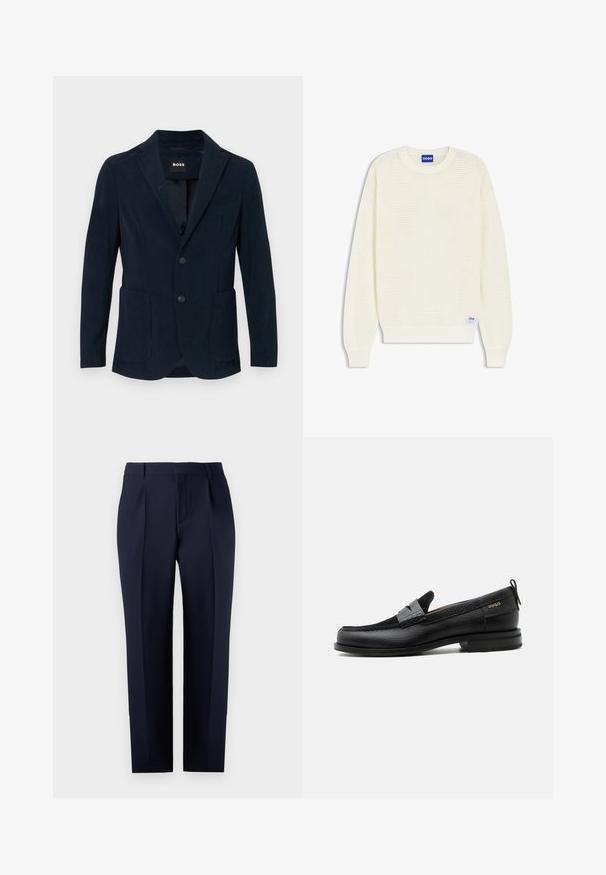 Marineblaues Kord Blazer mit Reverskragen, zwei vorderen Taschen, doppelt bezogener Knopfleiste und einer Brusttasche.; Cremefarbener, langärmeliger Strickpullover mit gerippten Bündchen und Saum, versehen mit einem blauen "HUGO"-Etikett am Halsausschnitt und am unteren Saum.; Marineblaue, maßgeschneiderte Hose aus strukturiertem Stoff, mit geradem Schnitt, Vorderfalten und einem klassischen Bund mit Gürtelschlaufen.; Schwarzer Lederloafer mit grauem Riemendetail, niedrigem Absatz und strukturierter Sohle, seitlich mit „HUGO“ in Gold gebrandmarkt.