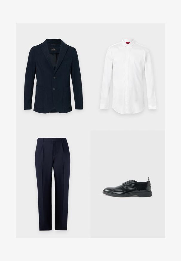 Marineblaues Kord Blazer mit Reverskragen, zwei vorderen Taschen, doppelt bezogener Knopfleiste und einer Brusttasche.; Weißes langärmeliges Hemd mit spitzem Kragen und verdeckter Knopfleiste, präsentiert vor hellem, einfarbigem Hintergrund.; Marineblaue, maßgeschneiderte Hose aus strukturiertem Stoff, mit geradem Schnitt, Vorderfalten und einem klassischen Bund mit Gürtelschlaufen.; Glänzender schwarzer Lederschuh mit niedrigem Absatz, Schnürverschluss und runder Kappe, seitlich auf hellem, schlichten Hintergrund gezeigt.