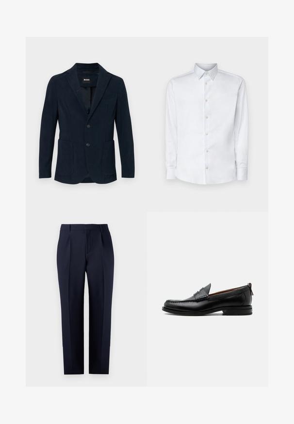 Blazer de pana azul marino con solapa de muesca, dos bolsillos frontales, cierre de dos botones y un bolsillo en el pecho.; Camisa blanca de manga larga hecha de tela suave, con un cuello clásico, tapeta de botones y puños con botones, presentada sobre un fondo liso.; Pantalones sastre azul marino hechos de tejido texturizado, con corte recto, pliegues delanteros y una cinturilla clásica con trabillas para cinturón.; Mocasín de hombre de piel negra con costura moc toe, tira penny, cuello texturizado y tacón bajo apilado sobre fondo blanco.