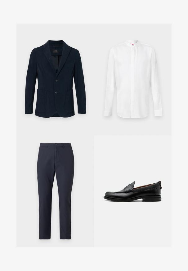 Marineblaues Kord Blazer mit Reverskragen, zwei vorderen Taschen, doppelt bezogener Knopfleiste und einer Brusttasche.; Weißes Langarmhemd mit Stehkragen und verdeckter Knopfleiste, vor einem schlichten hellen Hintergrund präsentiert.; Dunkelblaue, leichte Hose mit einem schlanken Design, ausgestattet mit einem Knopfverschluss, Gürtelschlaufen und einer glatten Textur. Taillierte Passform.; Schwarzer Leder-Herrenschuh mit Mokassinnaht, Penny-Riemen, strukturiertem Kragen und niedrigem gestapeltem Absatz auf weißem Hintergrund.