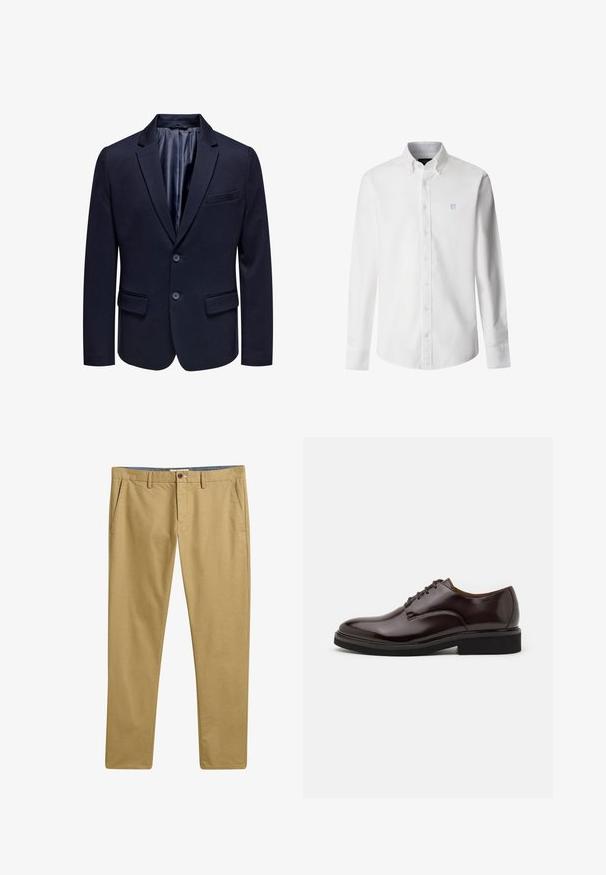 Blazer azul marino con solapa de muesca, dos botones y bolsillos de solapa. Presenta un forro interior suave y un ajuste entallado.; Camisa blanca de manga larga con botones y cuello abotonado con pequeño logo azul "H" en el pecho izquierdo.; Chinos caqui con una textura de tela suave, diseño de pierna recta, bolsillos frontales y cierre de botón. Cintura estructurada con trabillas para cinturón.; Zapato Oxford de cuero marrón con acabado brillante, punta redonda, diseño con cordones y suela gruesa de goma negra. Detalle de costura en la parte superior.