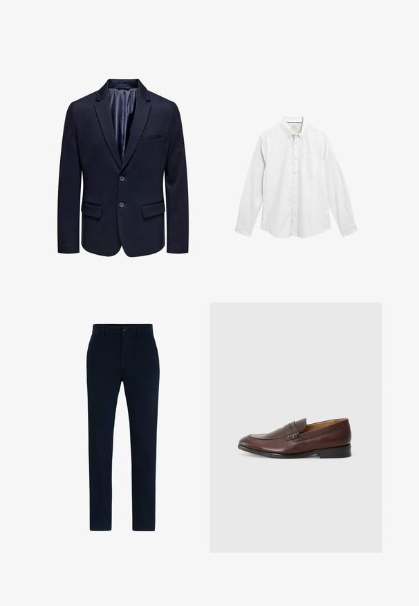 Blazer azul marino con solapa de muesca, dos botones y bolsillos de solapa. Presenta un forro interior suave y un ajuste entallado.; Camisa blanca de manga larga abotonada, hecha de algodón texturizado, con cuello, bolsillo frontal y sutiles detalles de costura.; Chinos azul marino hechos de una tela suave y duradera. Presentan un cierre de botón, lazos para cinturón y un diseño de pierna recta. Sin patrones visibles.; JOOP! KLEITOS - Zapatos sin cordones - brown