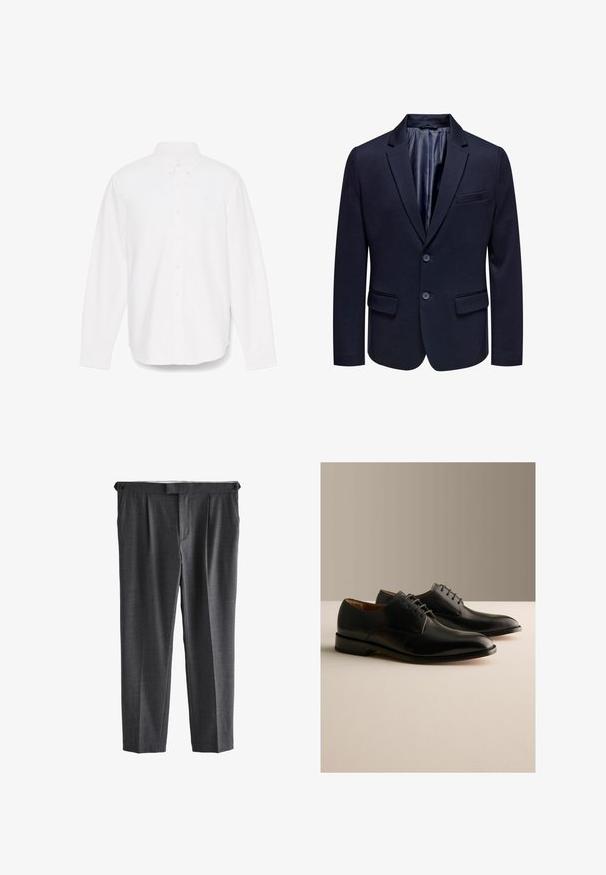 Marineblå blazer med notch-lapel, to knapper og klaplommer. Har en glat inderside og en skræddersyet pasform.; Hvid langærmet skjorte med knapper og spidse kraver, enkelt lomme og subtilt tekstureret stof. Har knapmanchetter og lige kant.; Mørkegrå formelle bukser med lige ben, forreste plisseringer, sidelommer med knapper i taljen og en skjult frontlukning.; Par sorte læder formelle snøresko udstillet på en lys overflade med en ensfarvet beige baggrund.