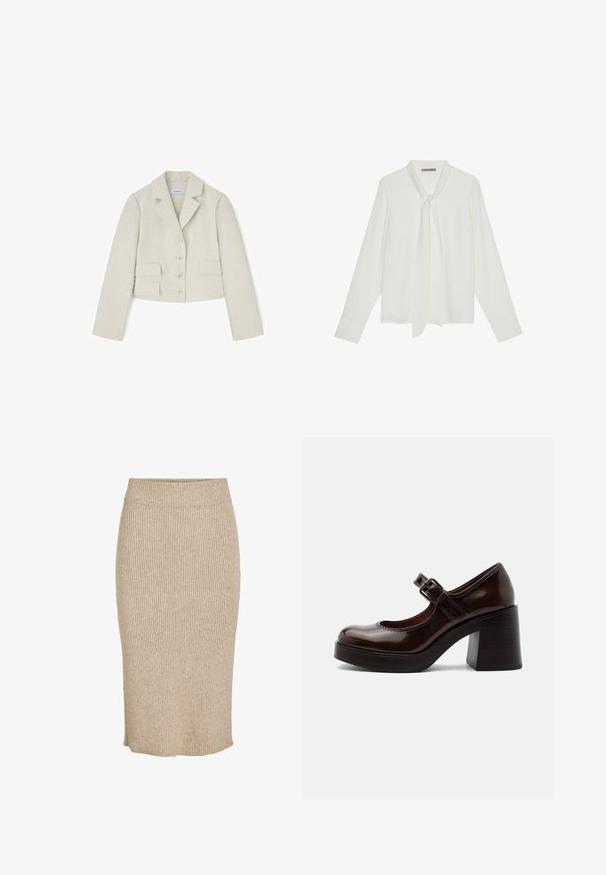 Kremfarvet, tekstureret cropped blazer med hakket revers, fire knapper og to klaplommer, lagt fladt på en hvid baggrund.; Hvid bluse med lange ærmer lavet af glat stof, med en bindebånd ved halsen og skræddersyede manchetter. Enkel, klassisk design uden mønstre.; Strik nederdel i en lys beige farve med lodret ribbestruktur, knælang med elastisk talje og lige skæring.; Mørkebrun laklæder Mary Jane-sko med tyk høj hæl og justerbar rem med spænde på lys grå baggrund.