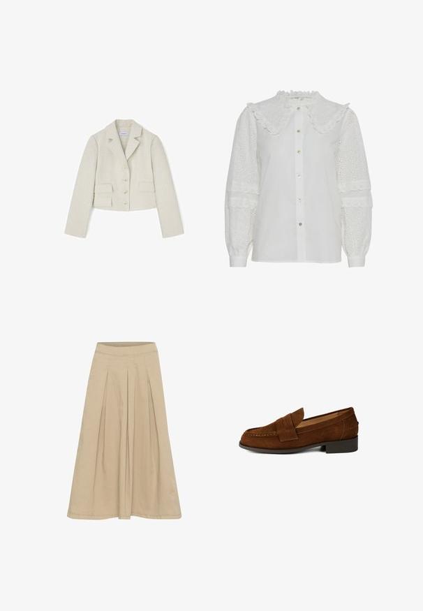 Roomkleurige, gestructureerde cropped blazer met inkeping revers, vier knopen en twee klepzakken, plat gelegd op een witte achtergrond.; Witte blouse met een gerimpelde kraag, knopen aan de voorkant en geborduurd opengewerkt detail op de pofmouwen. Heeft een subtiele glans en een zachte textuur.; Beige geplooide rok met een gladde textuur, knielange pasvorm en een aansluitende tailleband. Gemaakt van lichte stof met subtiele stikdetails.; Bruine suede instapper met een ronde neus, decoratieve band en lage blokhak; een gladde textuur en strakke lijnen definiëren het ontwerp.