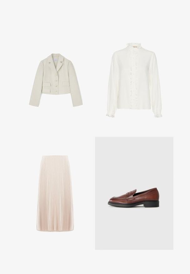 Kremfarvet, tekstureret cropped blazer med hakket revers, fire knapper og to klaplommer, lagt fladt på en hvid baggrund.; Hvid bluse med flæsefront, høj hals og lange ærmer. Lavet af et glat stof med knaplukninger ned gennem midten.; Plisseret midi nederdel i en lys beige farve, fremstillet af et glat stof, med smalle lodrette plisser og en elastisk talje.; Brune læder loafers med en syet forkant, rund tå og en lav sort gummisål. Branding præget på siden.