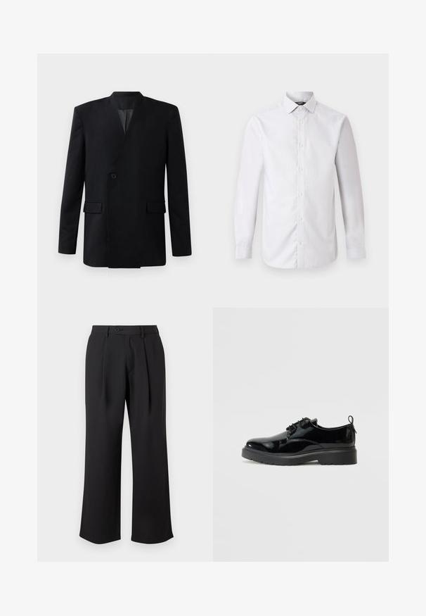 Blazer noir au design enveloppant, avec une fermeture à un bouton, deux poches avant et un col montant. Texture de tissu lisse.; Chemise blanche à manches longues avec fines rayures verticales, fermeture boutonnée sur le devant, col classique et poignets boutonnés.; Pantalons larges noirs en tissu lisse, dotés d'un pli avant, d'une fermeture par bouton et de poches latérales.; Chaussure à lacets en cuir verni noir avec semelle en caoutchouc épaisse et tirant au talon, présentée depuis le côté intérieur sur un fond blanc.