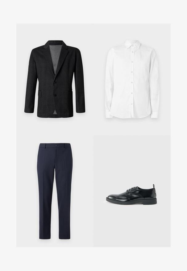 Donkergrijze op maat gemaakte blazer met een gladde textuur, een enkelvoudig knoopdesign, gesneden revers en twee voorkruiszakken. Heeft twee knopen.; Witte blouse met lange mouwen en knopen, gemaakt van katoen. Heeft een puntige kraag en een klein geborduurd logo op de borst. Gladde textuur.; Marineblauwe broek van gladde stof, met een rechte snit, riemlussen en een enkele knoopsluiting in de taille.; Glanzende zwarte lederen nette schoen met lage hak, vetersluiting en ronde neus, van opzij getoond tegen een effen lichte achtergrond.