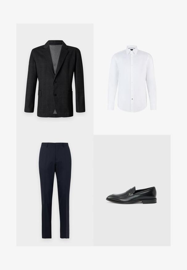 Dunkelgrauer, taillierter Blazer mit glatter Textur, einreihigem Design, Reverskragen und zwei Fronttaschen. Mit zwei Knöpfen.; Weißes Hemd mit langen Ärmeln aus glattem Stoff, mit Knopfleiste, spitzem Kragen und abgerundetem Saum. Auffälliger Markenschalterakzent.; Marineblaue, maßgeschneiderte Herrenhosen mit subtilen Karomuster, Gürtelschlaufen und Bügelfalte, frontal auf weißem Hintergrund präsentiert.; Schwarzer Herren-Ledermokassin mit niedrigem Absatz, abgerundeter Zehe und kleinem metallischem Logo auf dem Riemen, seitlich auf schlichtem Hintergrund dargestellt.