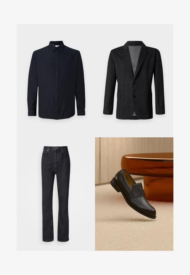 Donkergrijze op maat gemaakte blazer met een gladde textuur, een enkelvoudig knoopdesign, gesneden revers en twee voorkruiszakken. Heeft twee knopen.; Donker marineblauwe long-sleeve overhemd met knopen en kraag, plat weergegeven tegen een effen lichte achtergrond.; Hoge taille zwarte denim jeans met een knoop- en ritssluiting, voor- en achterzakken en een rechte pasvorm.; Zwarte leren loafer met lage hak zwevend boven een beige tapijt dichtbij een ronde bruine tafel.