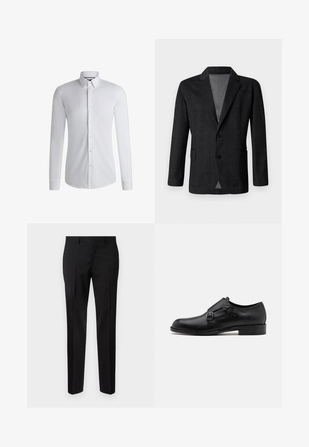 Blazer entallado gris oscuro con una textura suave, diseño de un solo botón, solapa en muesca y dos bolsillos frontales. Presenta dos botones.; Camisa blanca de manga larga hecha de tejido suave, con un cuello abotonado y una fila de botones en la parte delantera. Diseño simple.; Pantalones negros de corte ajustado, hechos de una tela suave, con pernera recta, detalles de pinzas refinadas y una cinturilla clásica con ojales para cinturón.; Zapato de vestir de cuero negro con doble hebilla, silueta elegante y punta redonda. Cuenta con un tacón bajo y una textura suave.