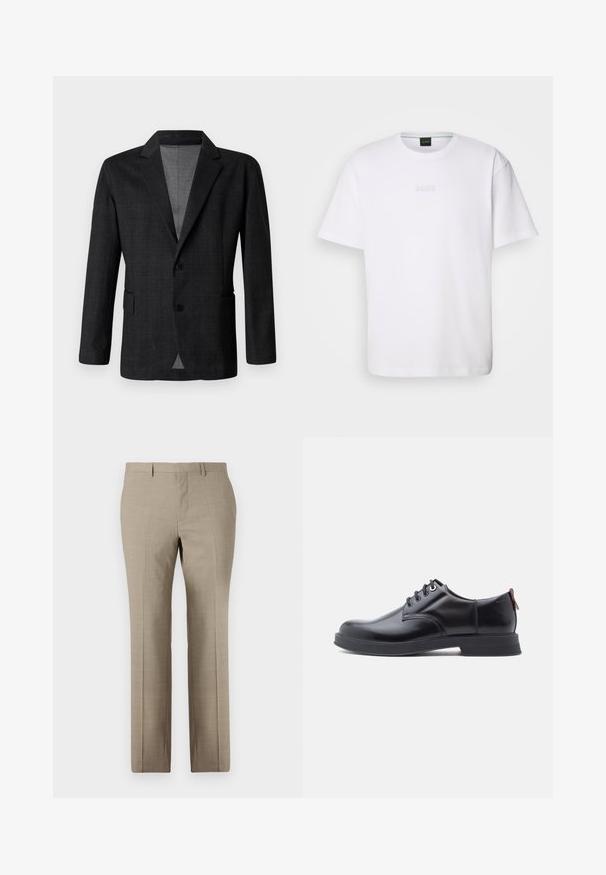 Mørkegrå skræddersyet blazer med en glat tekstur, enspændt design, notch-lapel og to frontlommer. Har to knapper.; Hvid bomulds T-shirt med korte ærmer, rund halsudskæring og præget "BOSS" logo på brystet. Glat tekstur, standard pasform.; Beige skræddersyede bukser med en glat tekstur, lige ben, subtilt ternet mønster og flad front. To baglommer inkluderet.; Sorte snørestøvler i læder med glat tekstur, rundet tå og diskrete syningsdetaljer. Har en rød trækflig på hælen.