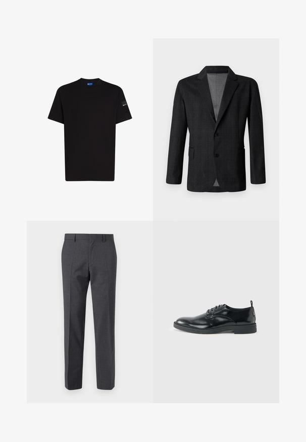 Mørkegrå skræddersyet blazer med en glat tekstur, enspændt design, notch-lapel og to frontlommer. Har to knapper.; Sort bomulds t-shirt med korte ærmer, rund halsudskæring og en lille mærke detalje på venstre ærme. Glat tekstur, standard pasform.; Grå skræddersyede bukser med en tekstureret finish, flad front og lige ben design. Har sidelommer og bælteløkker.; Blank sort læder dresssko med lav hæl, snørelukning og rund tå, vist fra siden på ensfarvet lys baggrund.