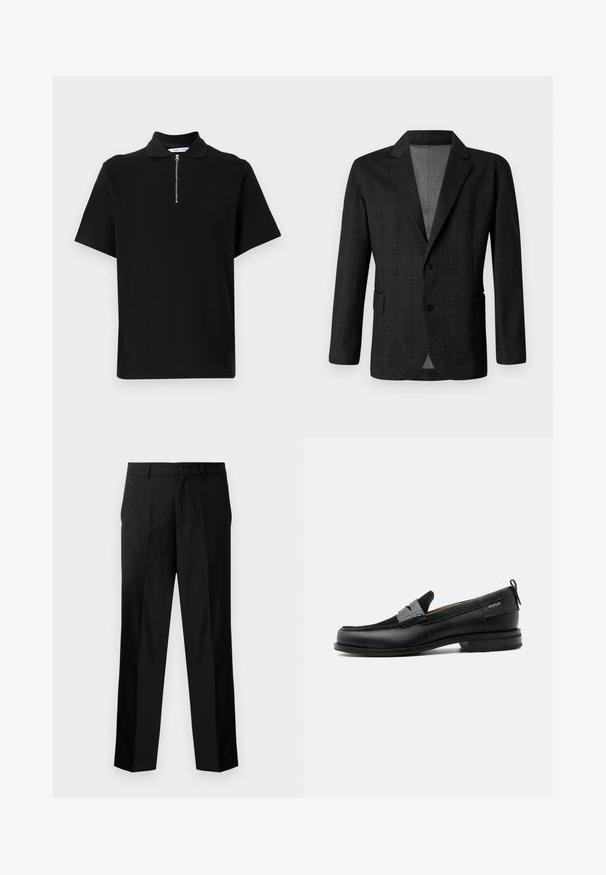 Σκούρο γκρι tailored σακάκι με λεία υφή, μονόκλειστη σχεδίαση, με αυλακωτούς γιακάδες και δύο μπροστινές τσέπες. Διαθέτει δύο κουμπιά.; Μαύρο κοντομάνικο πόλο μπλουζάκι από μαλακό ύφασμα, με φερμουάρ στον γιακά και καθαρό, μινιμαλιστικό σχέδιο χωρίς επιπρόσθετα μοτίβα.; Μαύρο σακάκι παντελόνι με ίσια γραμμή, με κλείσιμο με κουμπί, φερμουάρ και θήκες ζώνης. Απαλή υφή με πλαϊνές τσέπες.; Μαύρος δερμάτινος λόφερ με γκρι λουράκι, χαμηλό τακούνι και υφασμένο πέλμα, με το λογότυπο "HUGO" σε χρυσό στο πλάι.