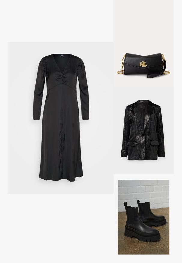 Sort blazer med en glat, struktureret overflade. Har en klippet krave, enkelt knaplukning og to forlommer.; GAP PUFF MIDI - Cocktailkjole / festkjole - black; Sort læder ankelstøvler med elastiske sidepaneler, tykke sorte platformssåler og syninger, der har en løftesanordning for nem påtagning.; Sort læderclutch med guld RLL-logo foran, guldkæde-rem og aftagelig læderrem til håndleddet på hvid baggrund.