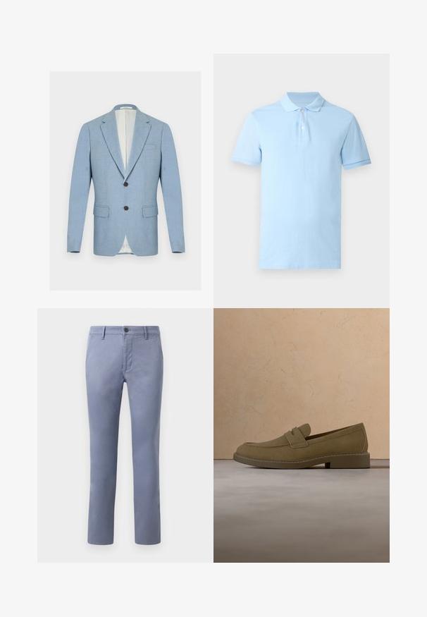 Blazer azul claro de hombre con solapas con muesca, dos botones oscuros, bolsillos con solapa y forro crema, presentado sobre un fondo blanco.; Polo de manga corta color azul claro con dos botones blancos y cuello y puños acanalados sobre fondo liso.; Chinos de algodón azul claro con un corte ajustado, que cuentan con cierre de botón, cinturilla con trabillas y bolsillos laterales, textura suave y perneras rectas.; Zapato mocasín de ante marrón flotando sobre una alfombra beige texturizada en una sala de estar con una mesa de café de madera y libros apilados.
