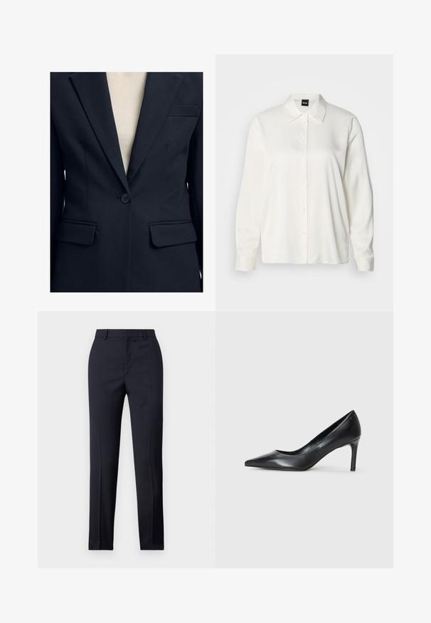 Ein-Knopf-schwarzer Blazer mit Kissing-Lapels, zwei aufgesetzten Taschen vorne und einer Brustleistentasche über einem beigen Top.; Weißes langärmliges Hemd aus glattem Stoff, mit klassischem Kragen, durchgehender Knopfleiste und geknöpften Manschetten, in entspannter Passform.; Marineblaue Tailored-Hosen mit geradem Schnitt, ausgestattet mit glattem Material, zwei frontalen Taschen und einem schlichten Bund.; Schwarze Leder-Pumps mit spitzem Zehenbereich und schmalem Absatz, glatter Textur und ohne sichtbare Verzierungen. Sauberes Design mit minimalistischem Ästhetik.