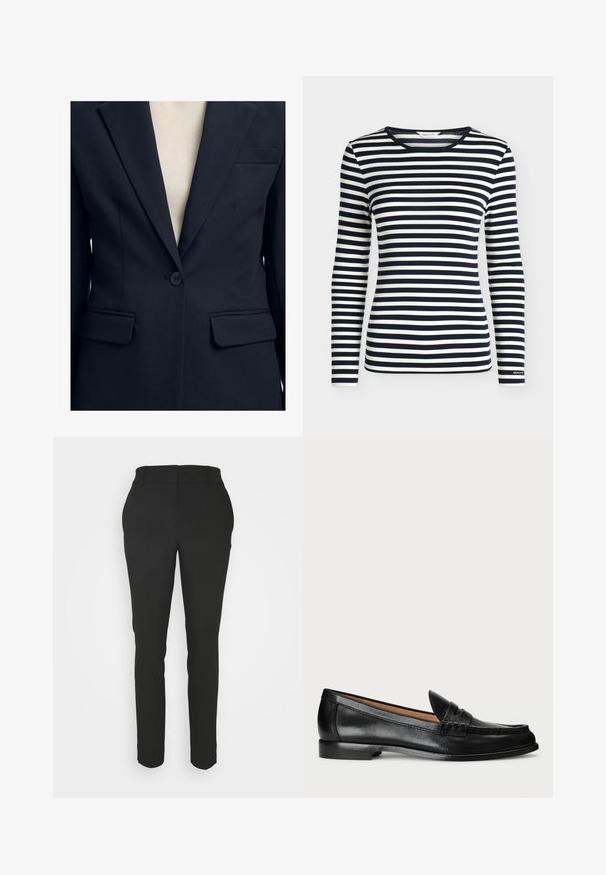 Blazer negro de un solo botón con solapas con muesca, dos bolsillos delanteros con solapa y un bolsillo en el pecho sobre un top beige.; Camisa de manga larga con rayas horizontales en azul marino y blanco y cuello redondo, con la marca GANT en el puño de la manga.; Pantalones negros ajustados de corte entallado, con una textura suave y una cinturilla plana. Presentan presillas para cinturón y sin patrones o acentos visibles.; Lauren Ralph Lauren WYNNIE - Zapatos sin cordones - black