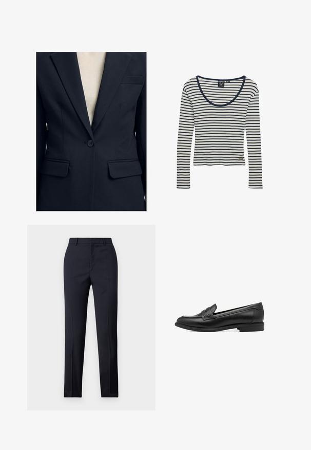 Blazer negro de un solo botón con solapas con muesca, dos bolsillos delanteros con solapa y un bolsillo en el pecho sobre un top beige.; Camiseta blanca de manga larga con rayas horizontales azul marino y escote redondo, con la etiqueta Superdry cerca del dobladillo y en el interior del cuello.; Pantalones de corte recto en color navy, con una textura suave, dos bolsillos delanteros y una cinturilla limpia.; Mocasines de piel negra con una textura suave, que presentan un detalle trenzado en la parte superior y un tacón bajo y redondeado. Diseño y forma simples.