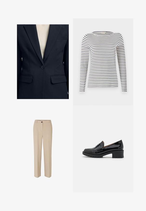 Sort blazer med enkelt knap, notch revers, to forflaplommer og en brystlomme over en beige top.; Langærmet stribet skjorte lavet af blødt stof, med marineblå og hvide vandrette striber, rund halsudskæring og en slim-fit design.; Modström GALE - Bukser - powder sand; Sorte patenterede lædersko med en lav, chunky hæl, der har en frontrem detail og en tekstureret gummisål for godt greb.