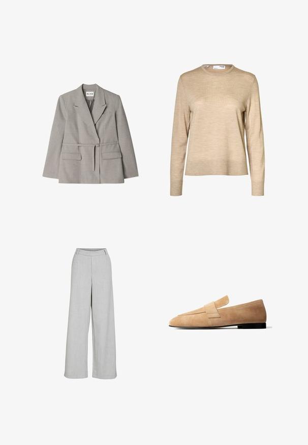 Grå bælteblazer lavet af tekstureret stof. Har en slagkrave, to frontlommer og en skræddersyet pasform.; Beige langærmet uldsweater med rund hals og ribstrikkede manchetter og kant, vist mod en hvid baggrund.; Lys grå vide bukser lavet af struktureret stof, med flad front, bæltestropper og et rent, skræddersyet udseende.; Lysebrun ruskindsløs loafer med en lav sort hæl og en bred remdetalje tværs over toppen, vist i sideprofil på hvid baggrund.
