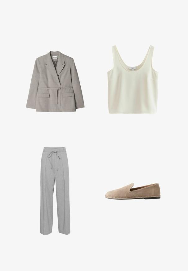 Blazer gris con cinturón hecho de tela texturizada. Presenta un cuello con muesca, dos bolsillos frontales y un corte entallado.; Top corto sin mangas de color crema con tirantes anchos y escote redondo, hecho de tela suave.; Pantalones de lino grises de pierna ancha con cintura alta, que presentan un cordón para ajustar, pliegues en la parte delantera y un acabado suave y texturizado.; Mocasín beige de ante con puntera redondeada, tacón bajo y plano, suela cosida y fuelle lateral elástico para un calce fácil.